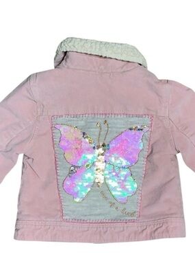 Upcycled Pink Corduroy Sherpa Kids Jacket with Sequin Butterfly
